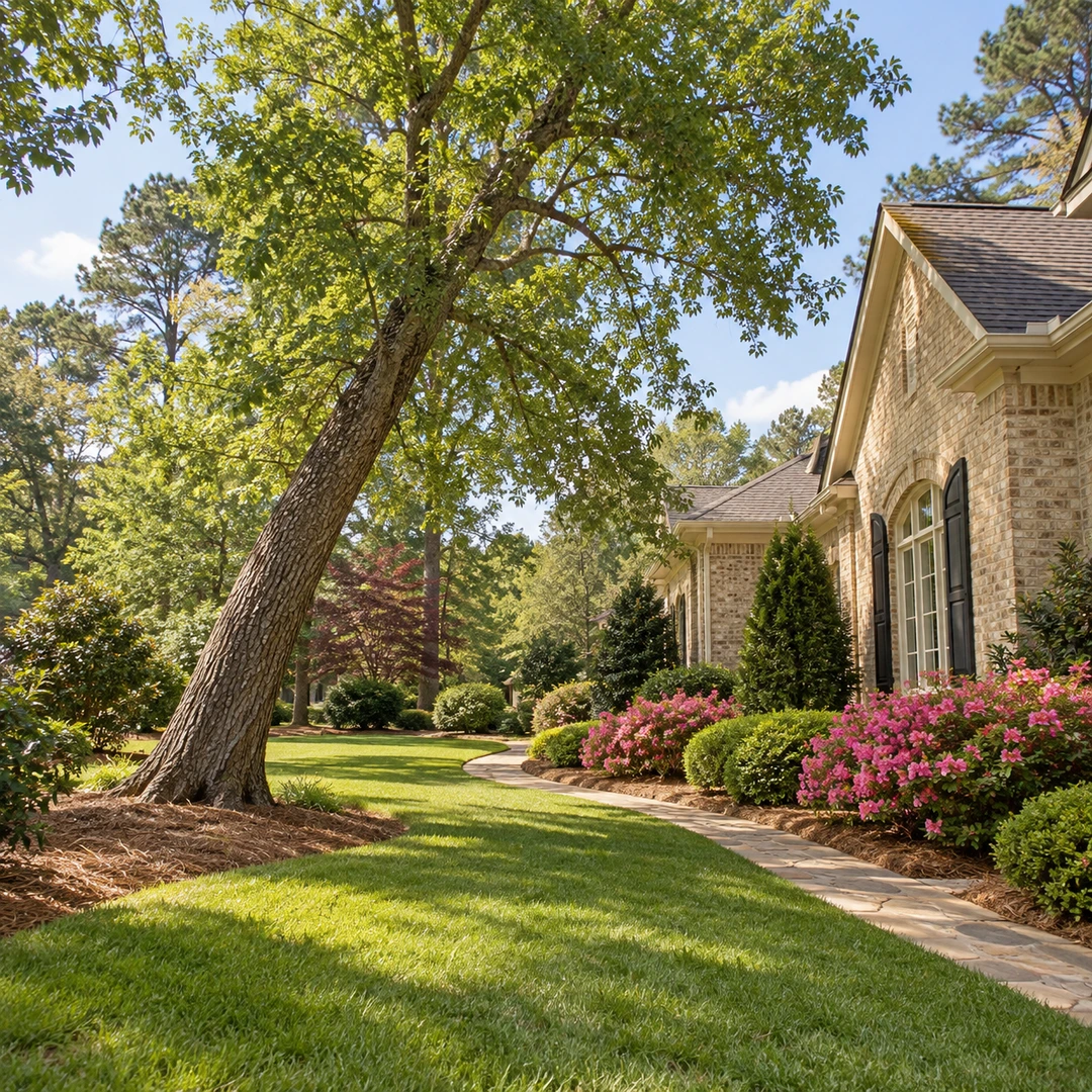 Side view of a leaning tree over open grass