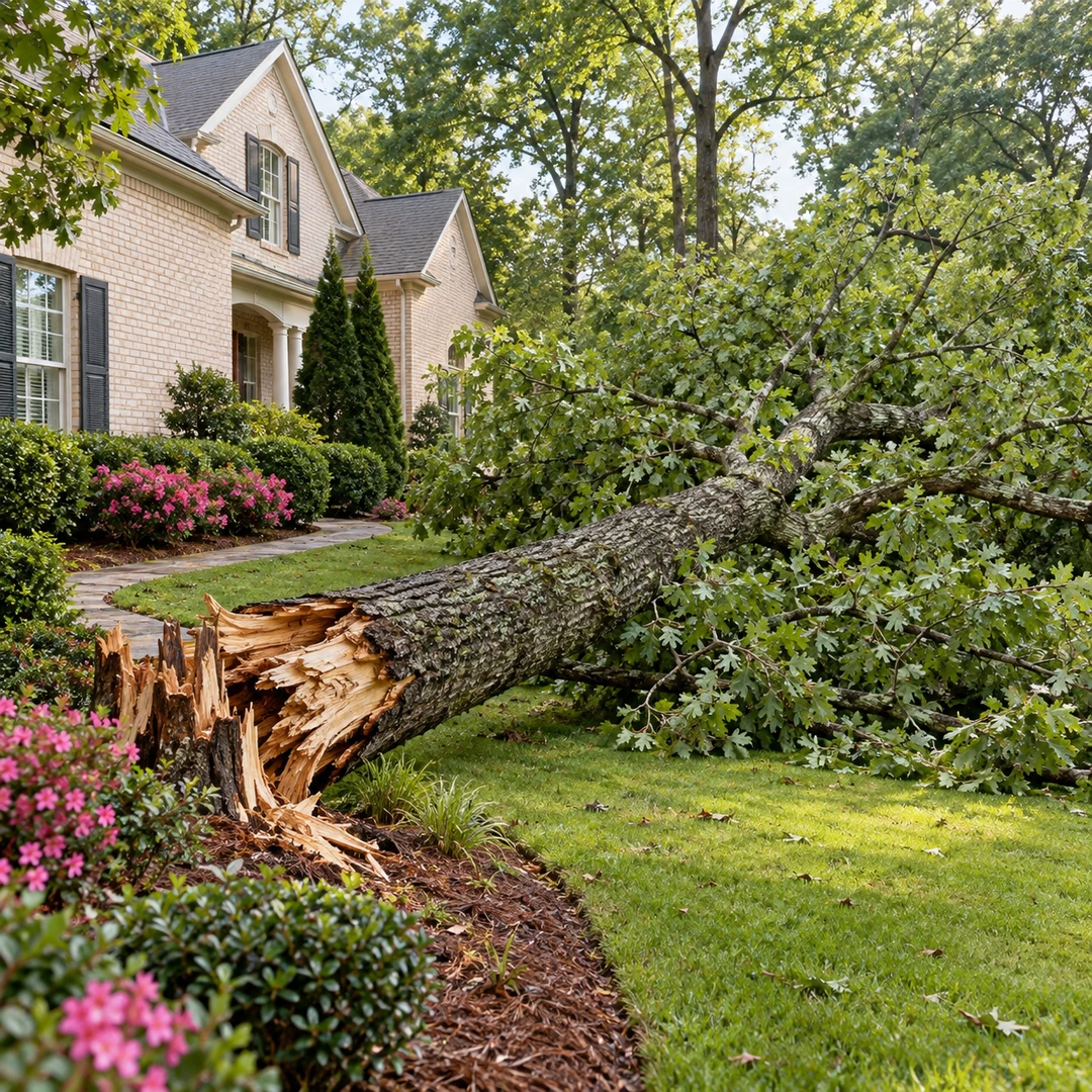 Storm fallen tree with a splintered trunk beside a lawn