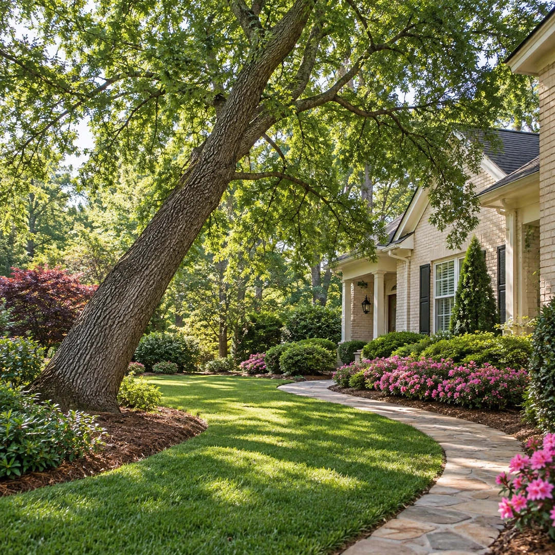 Leaning tree beside an empty curved garden path