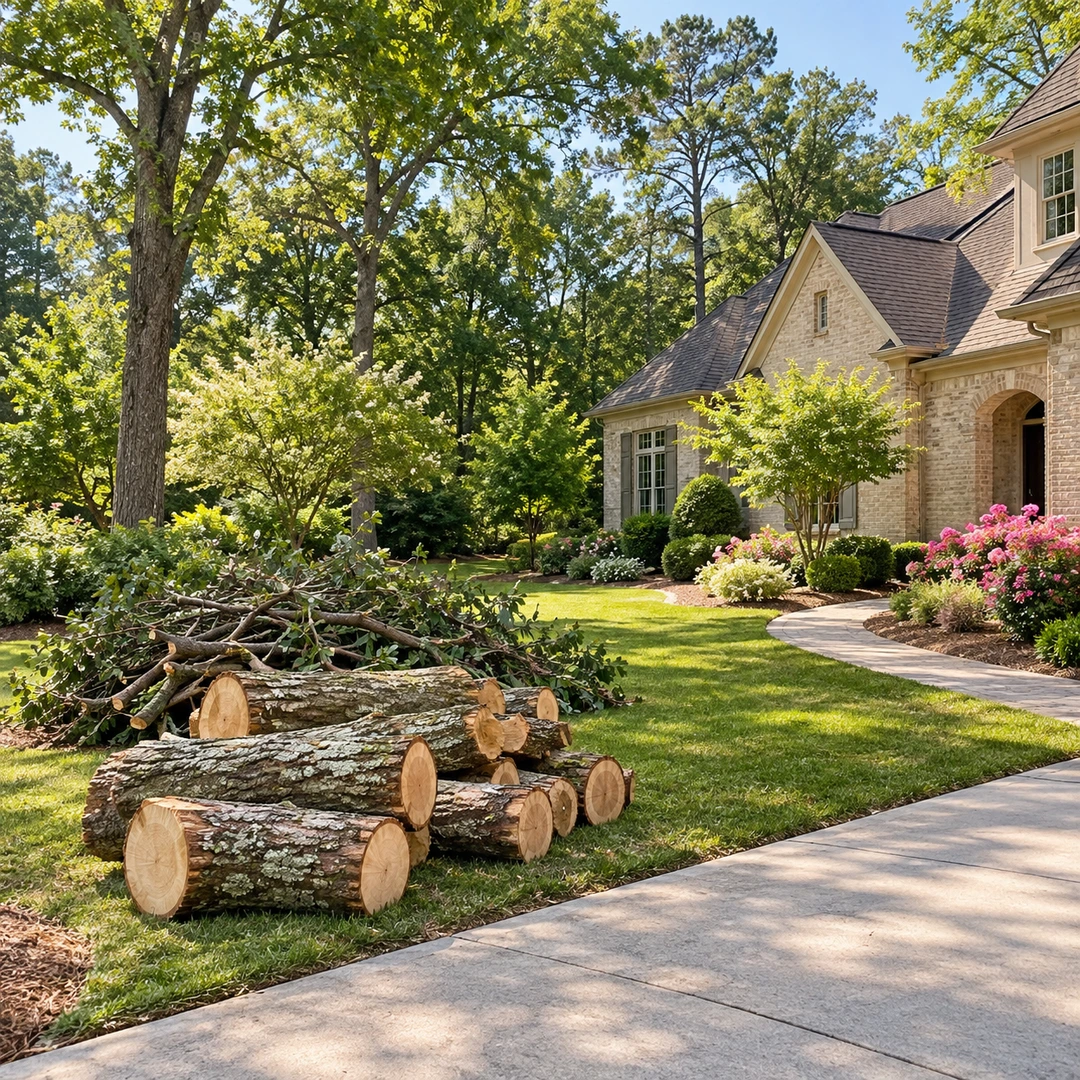 A clear suburban driveway opening onto lawn containing neatly grouped logs and branch pile