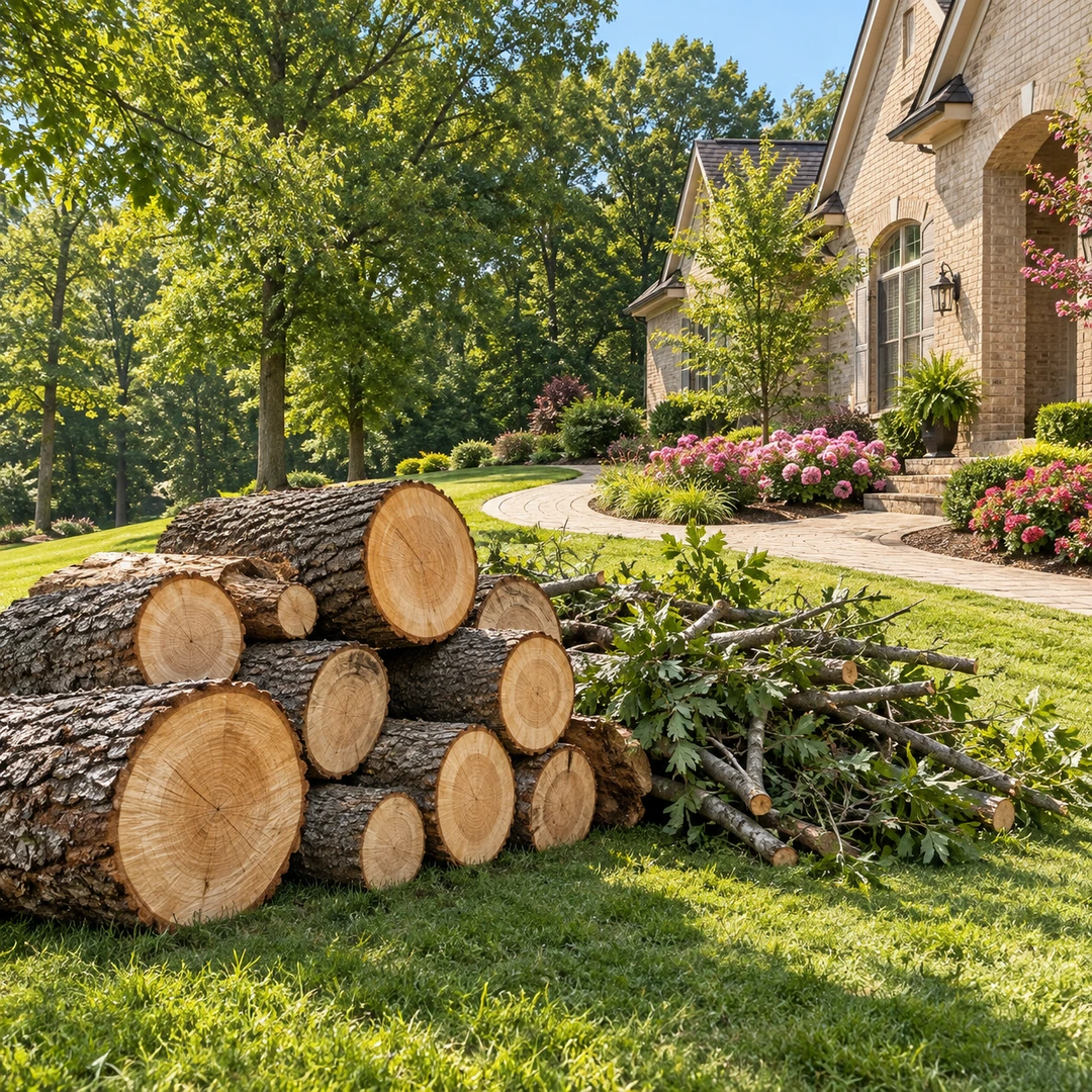 Clean cut trunk rounds with realistic end grain stacked beside a smaller pile of branches at grass lawn edge.