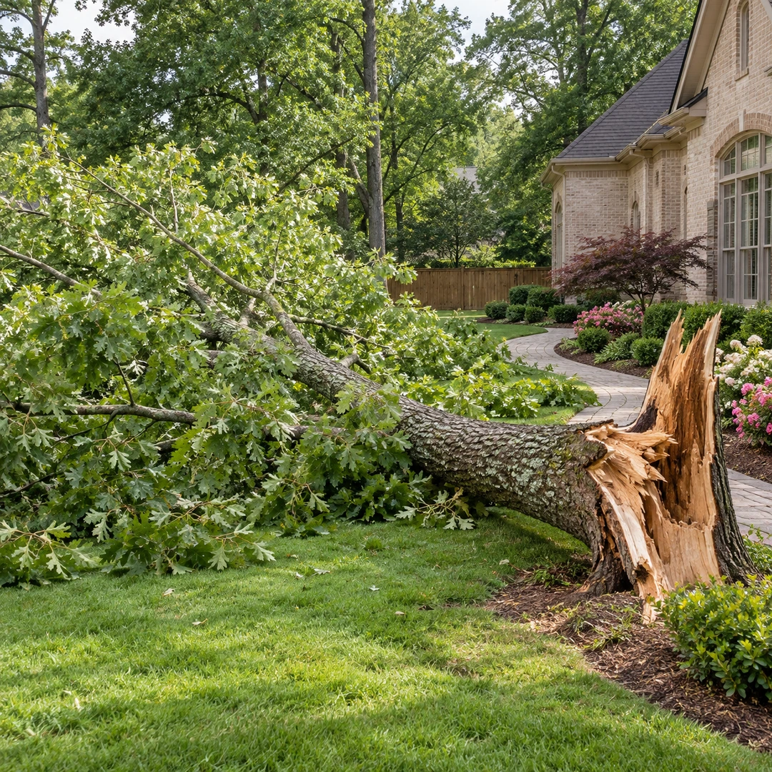 A storm fallen leafy tree on damp residential lawn near a wooden fence