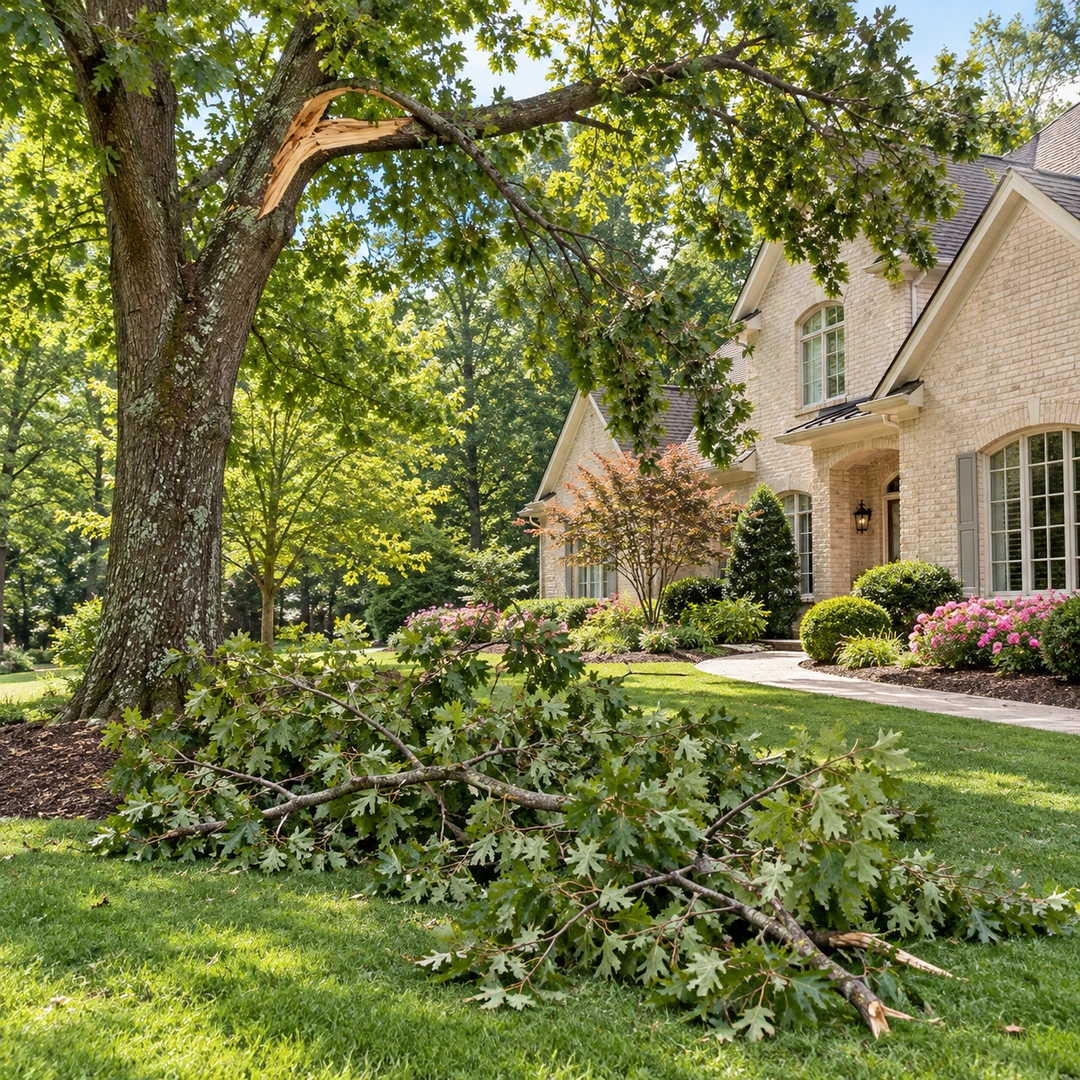 A fallen leafy limb beneath a mature tree with one storm cracked overhead branch