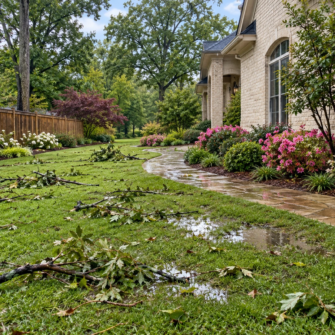 Small storm branches scattered across damp green lawn beside undamaged garden bed and wooden fence