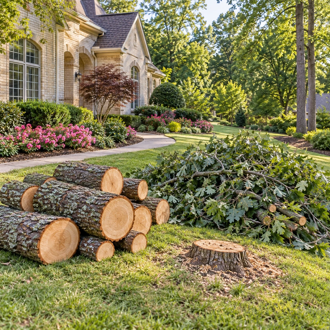 Separate tidy piles of fresh trunk sections and leafy branches on lawn near a low remaining stump