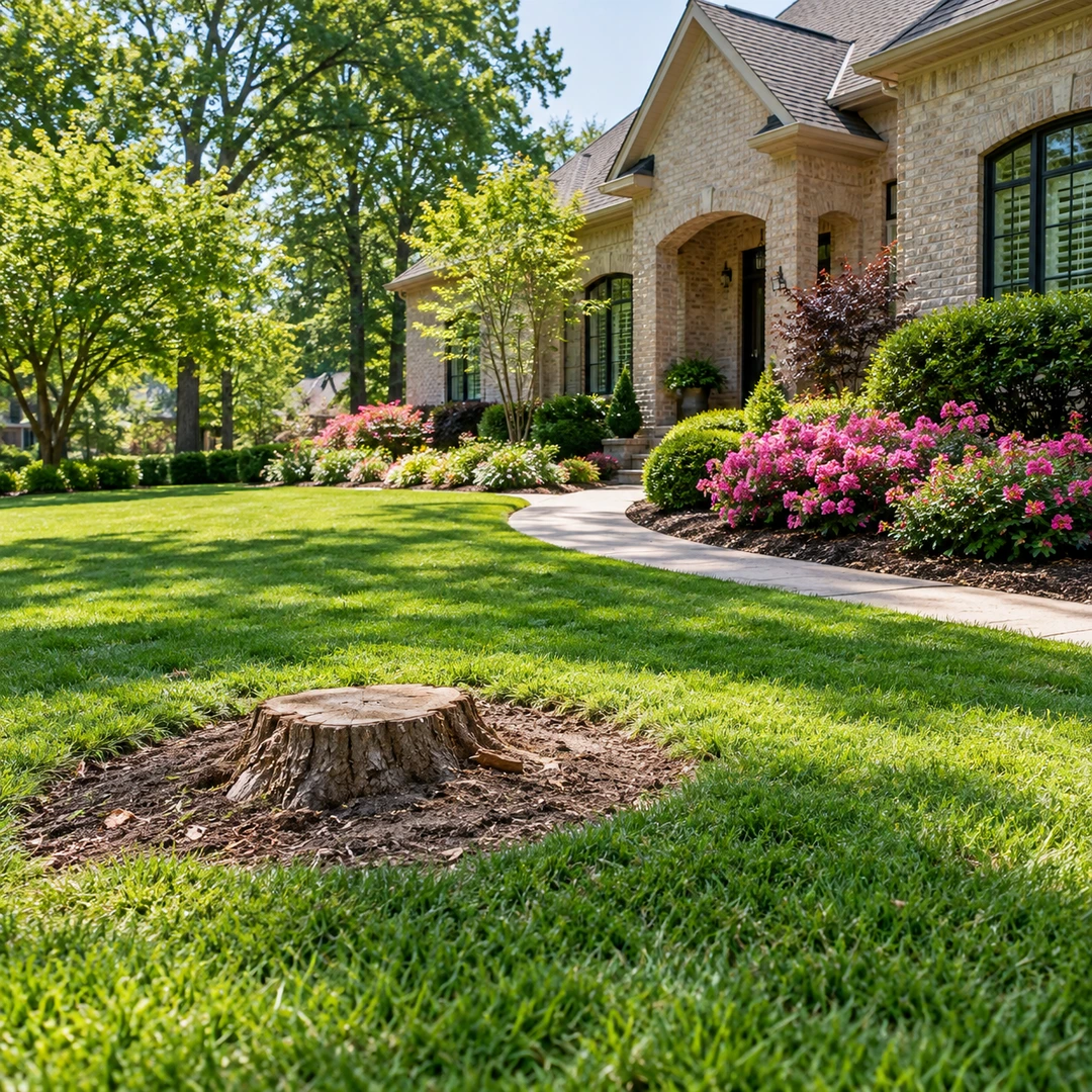 A cleared tree removal area with low stump in small bare soil patch