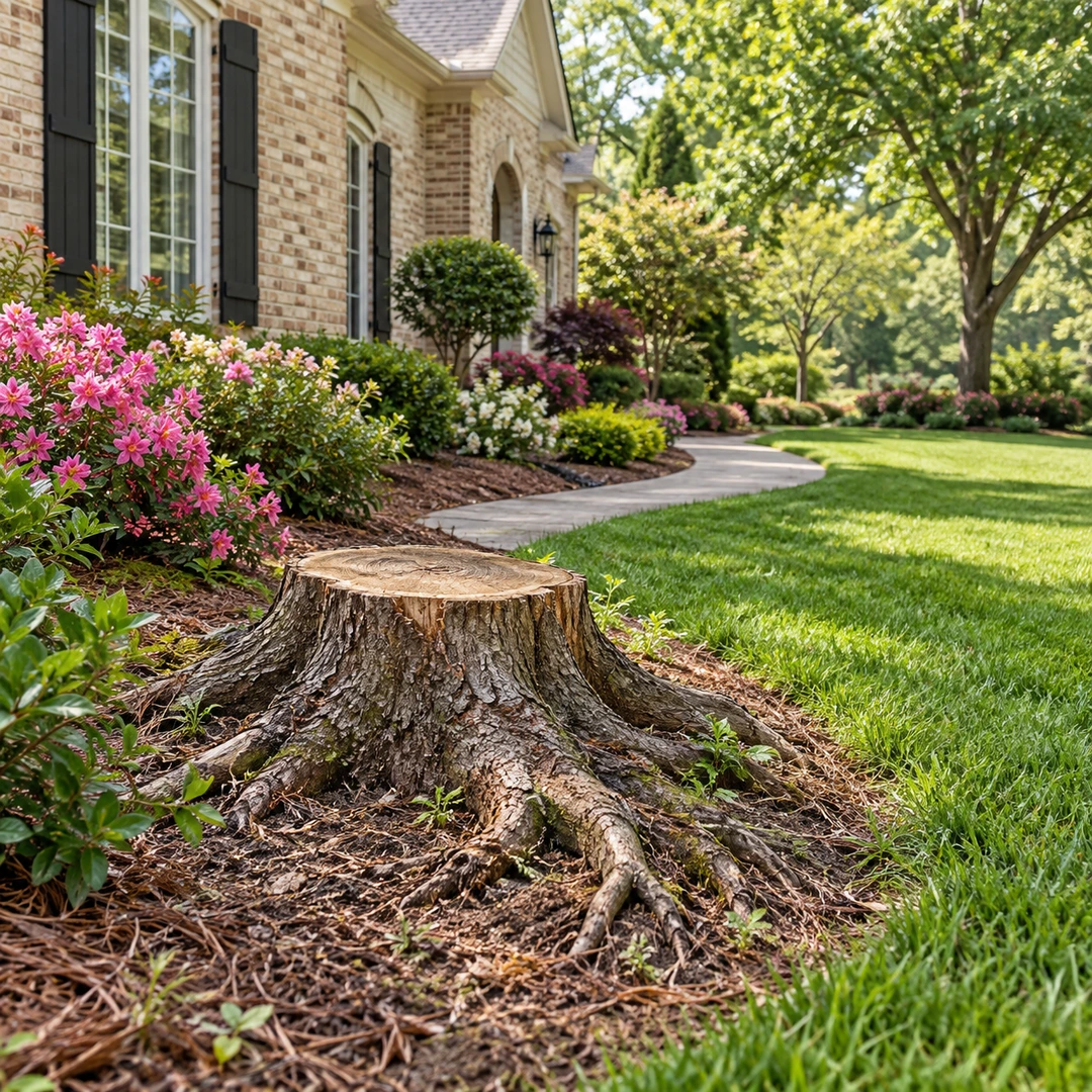 A short stump with natural exposed roots beside lawn and flower bed