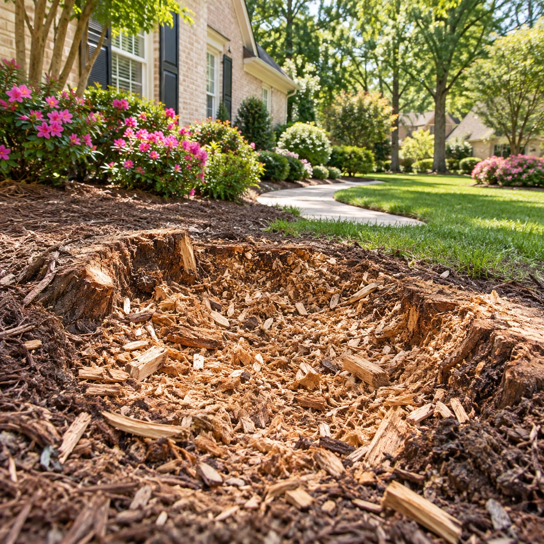 A ground level view of coarse fresh wood chips in a stump grinding depression with small remaining root edges.