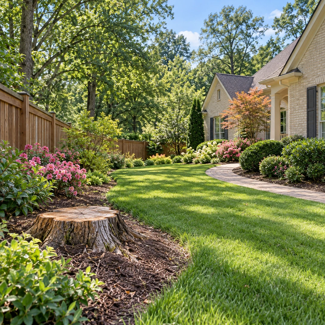 A broad side lawn with low stump near wooden fence and modest suburban house