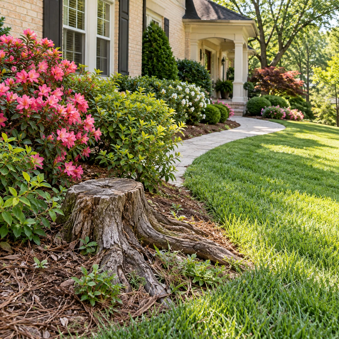 A low weathered old stump with natural surface roots at lawn edge beside shrubs