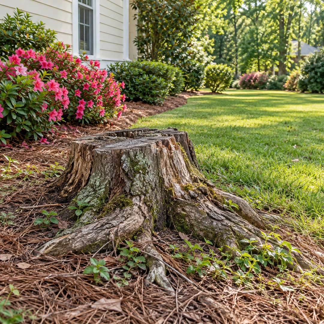 Old stump with broad surface roots beside an open lawn