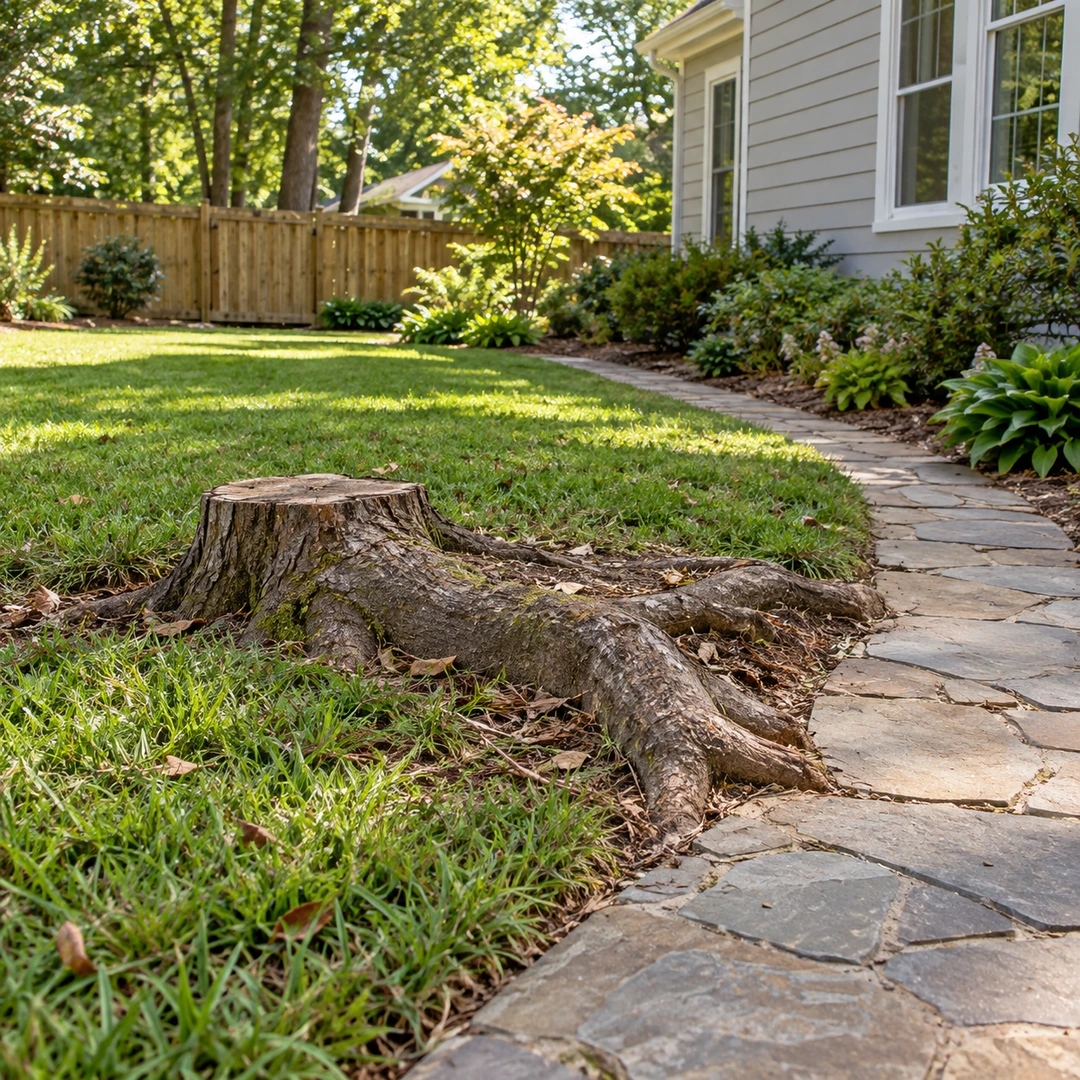 Stump and exposed roots interrupting a backyard path edge