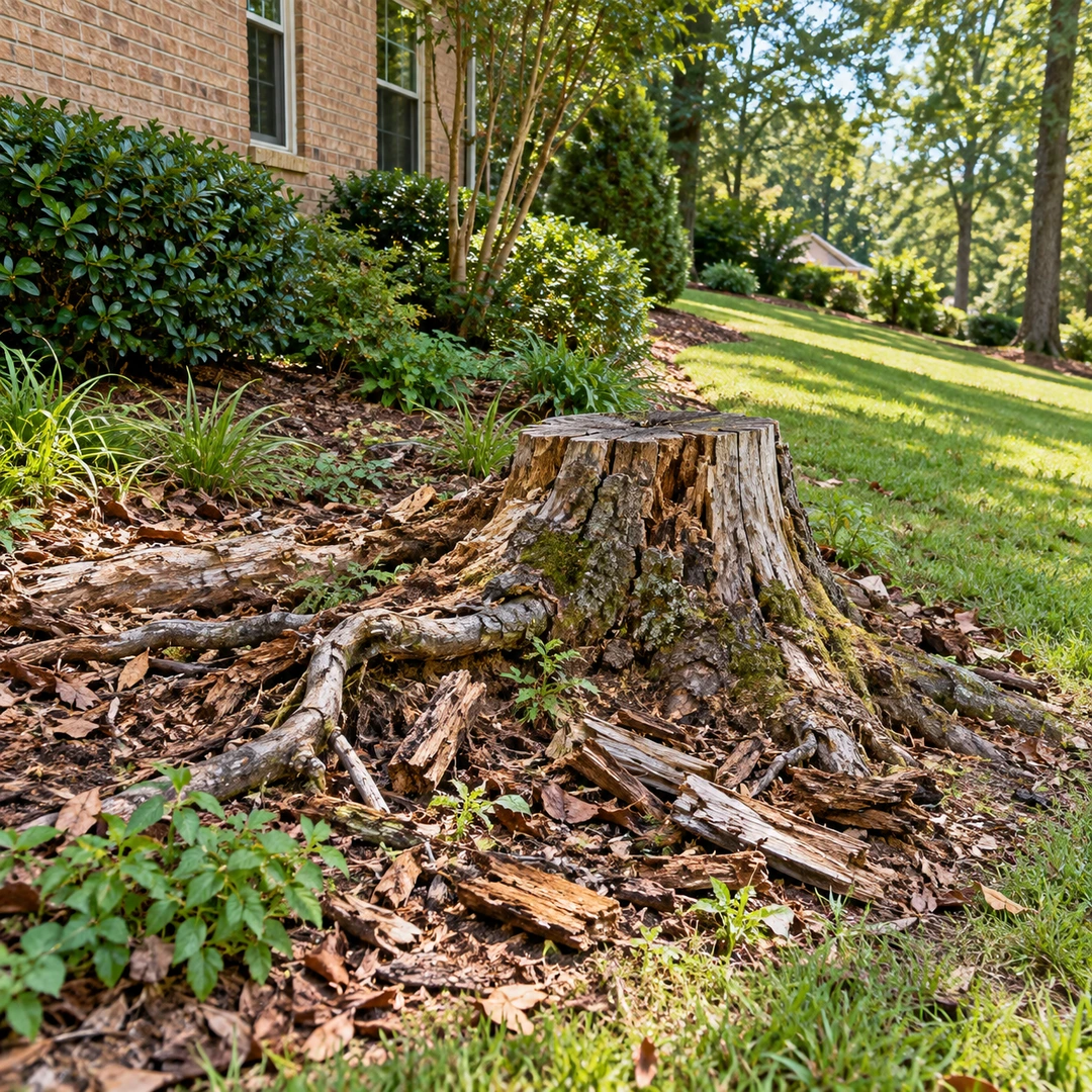 Decaying stump and exposed roots within a mulched garden edge