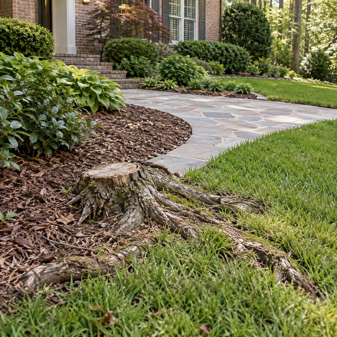 Low stump and raised roots beside a stone walkway