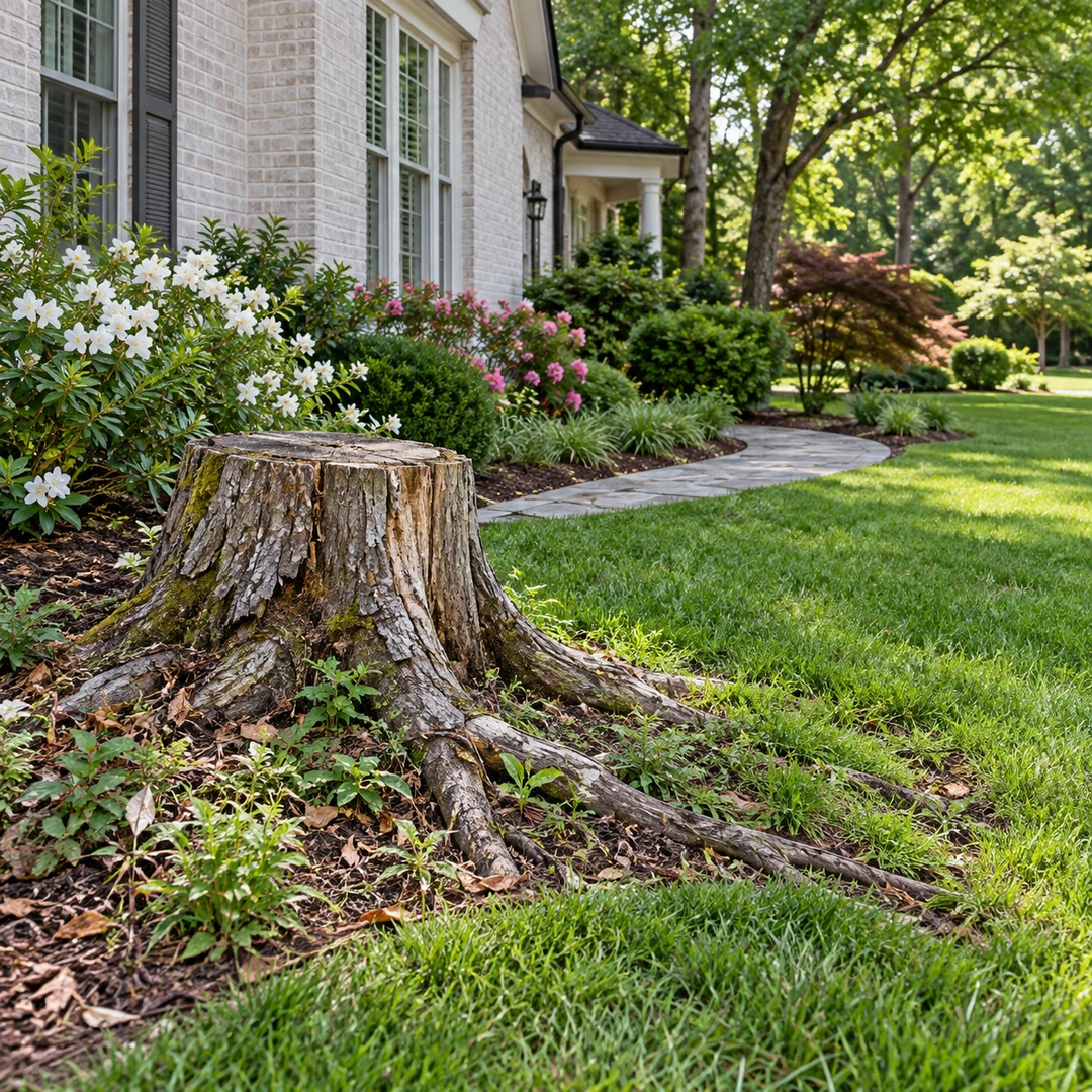 Weathered old stump beside a curved garden path and flowering shrubs