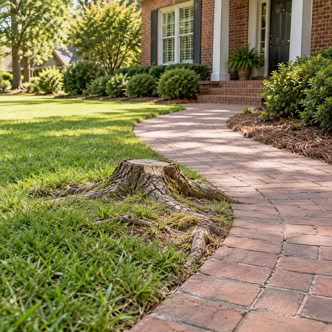 Low stump and surface roots beside a brick walkway