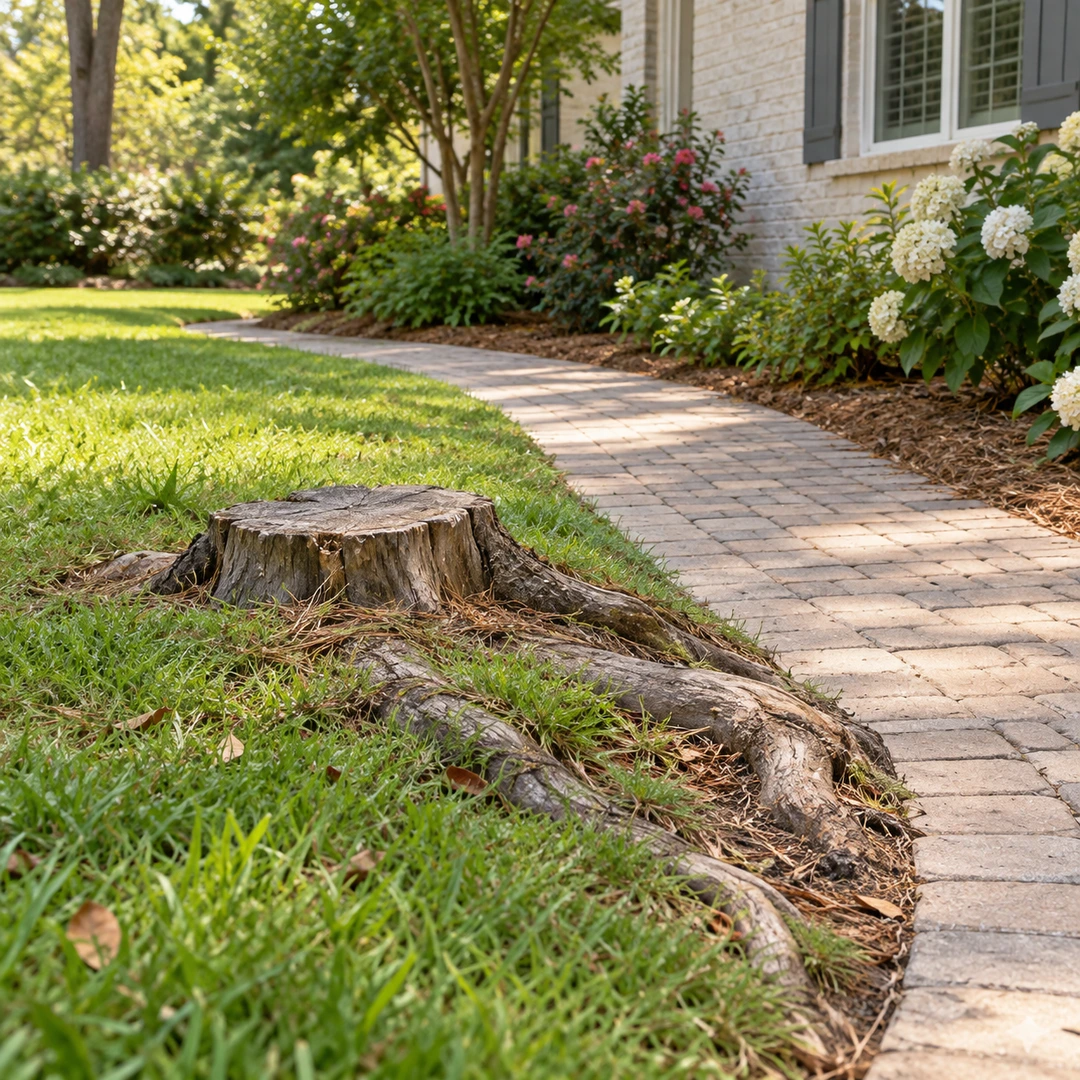 Cut stump and roots extending toward a garden path