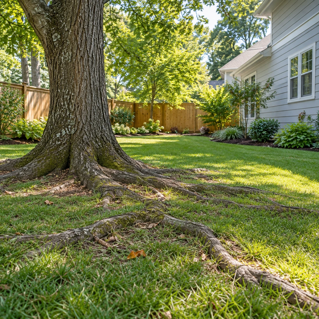 Surface roots spreading into open grass below a healthy tree