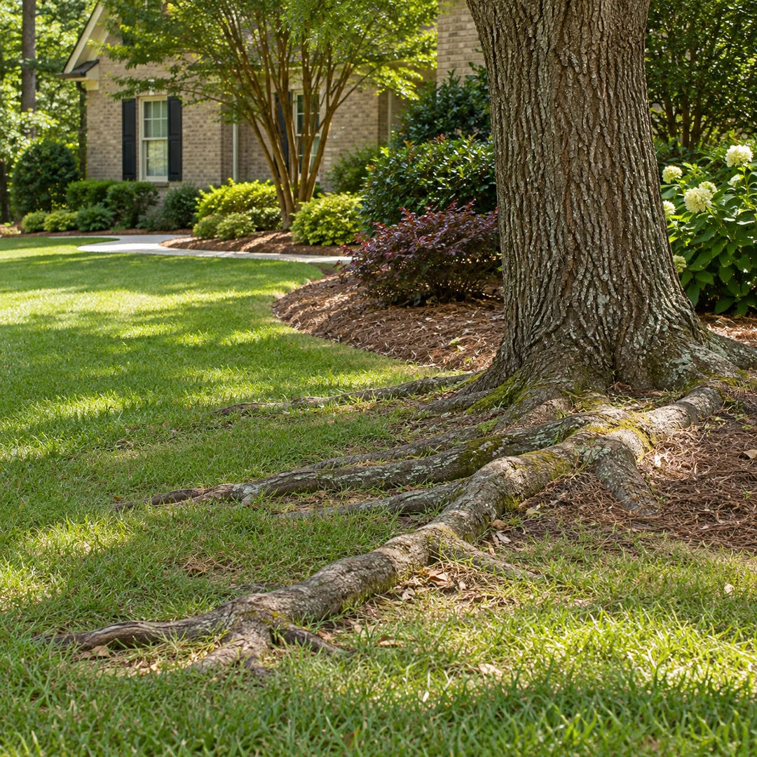 Natural tree roots extending across lawn near a house