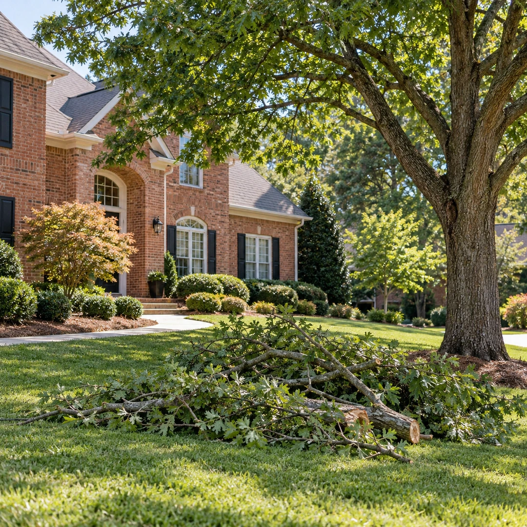 Removed leafy tree limb grouped on lawn below a mature tree