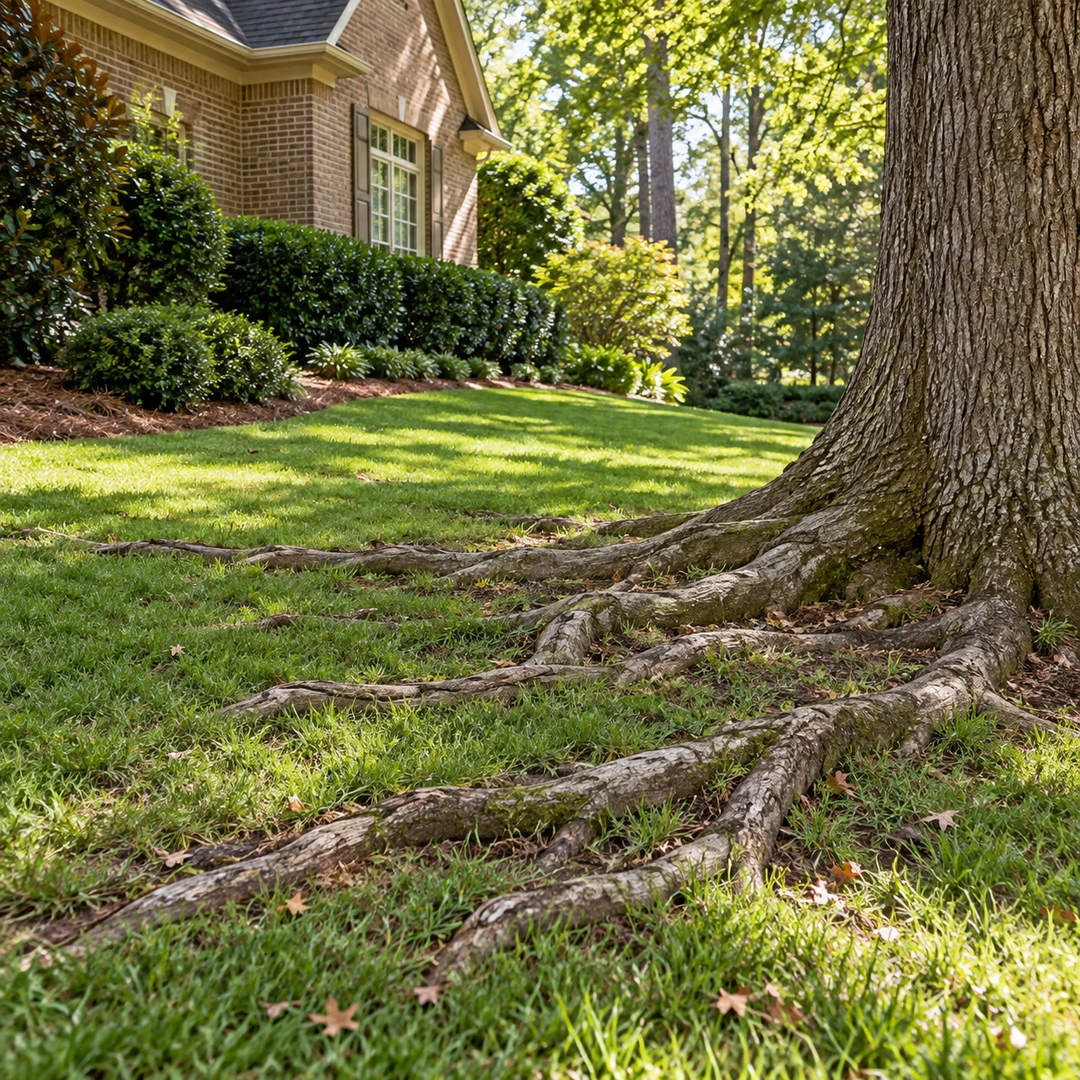 Exposed mature tree roots crossing a residential lawn