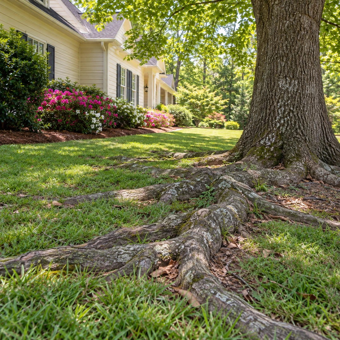 Broad surface roots around a healthy shade tree