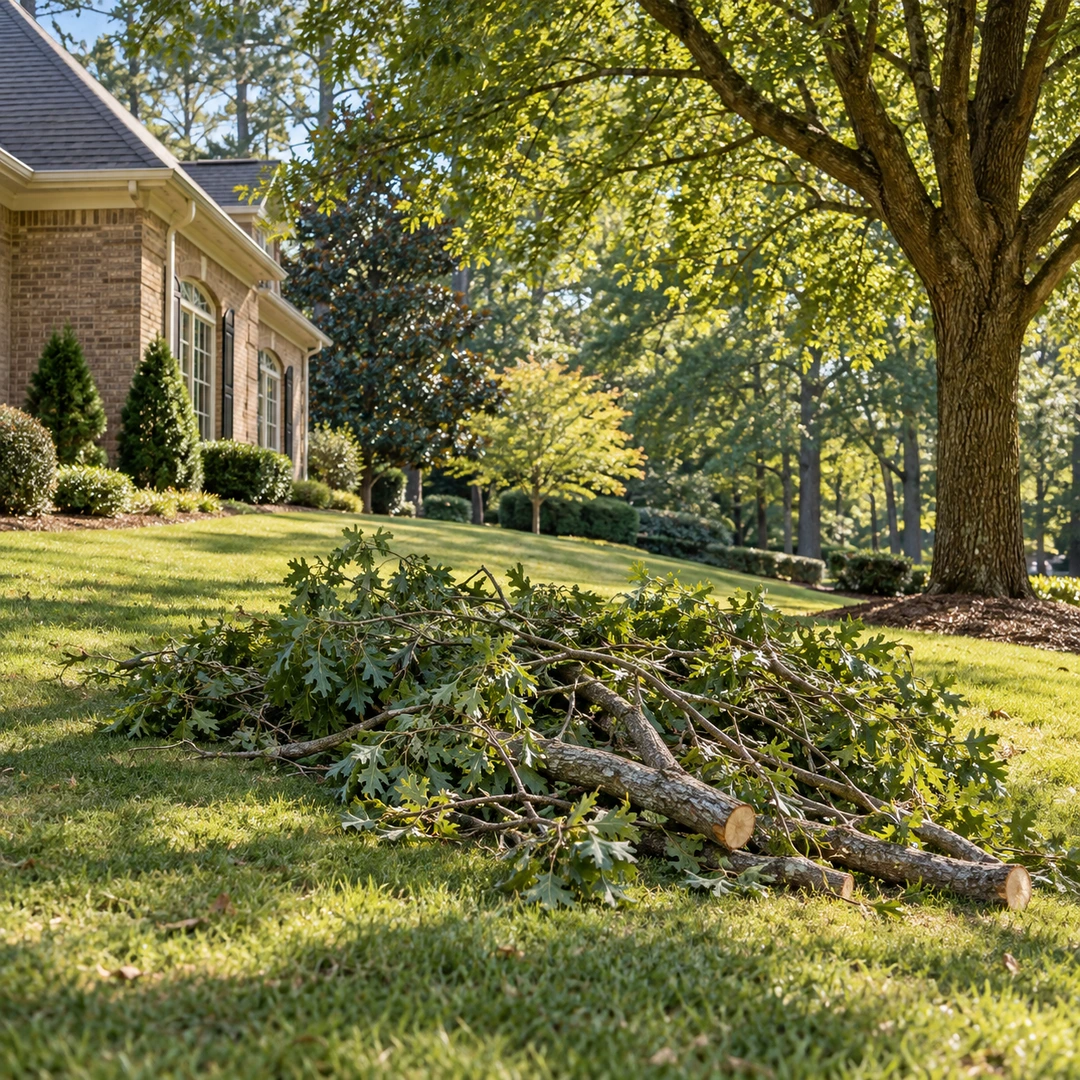 Removed tree limbs grouped on lawn below a healthy mature tree