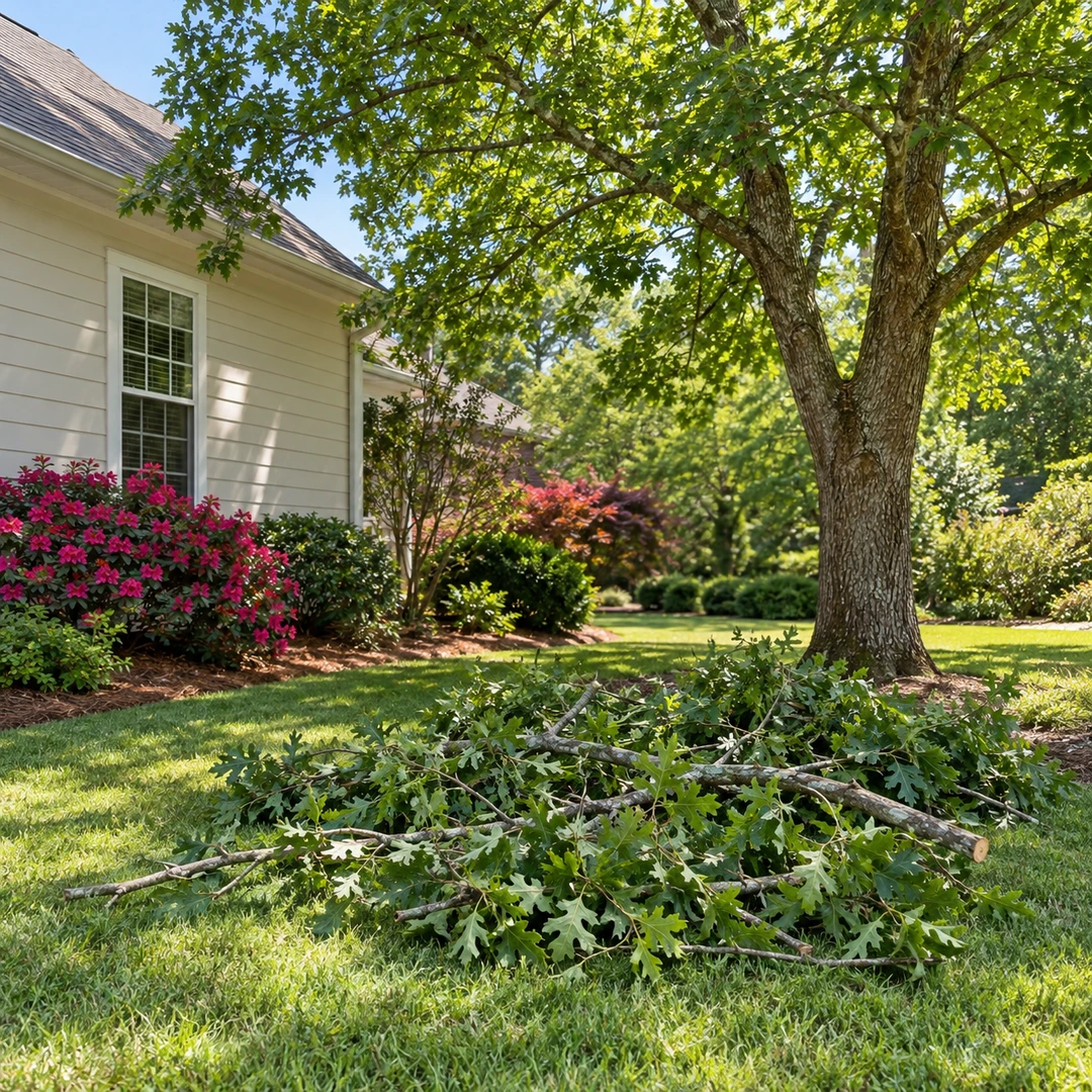Freshly cut leafy branches collected on lawn beside a healthy tree