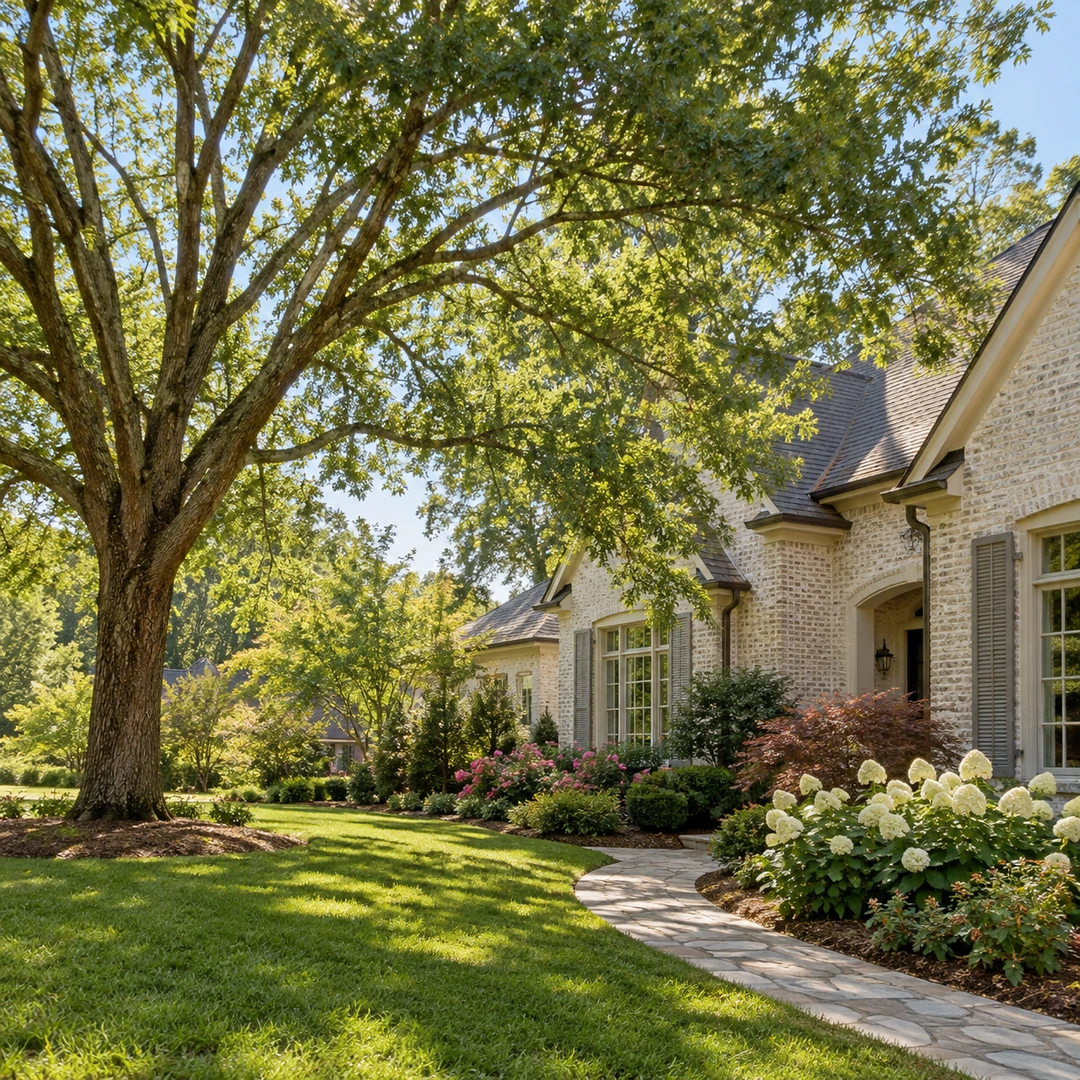 Full natural tree canopy shading a landscaped residential yard