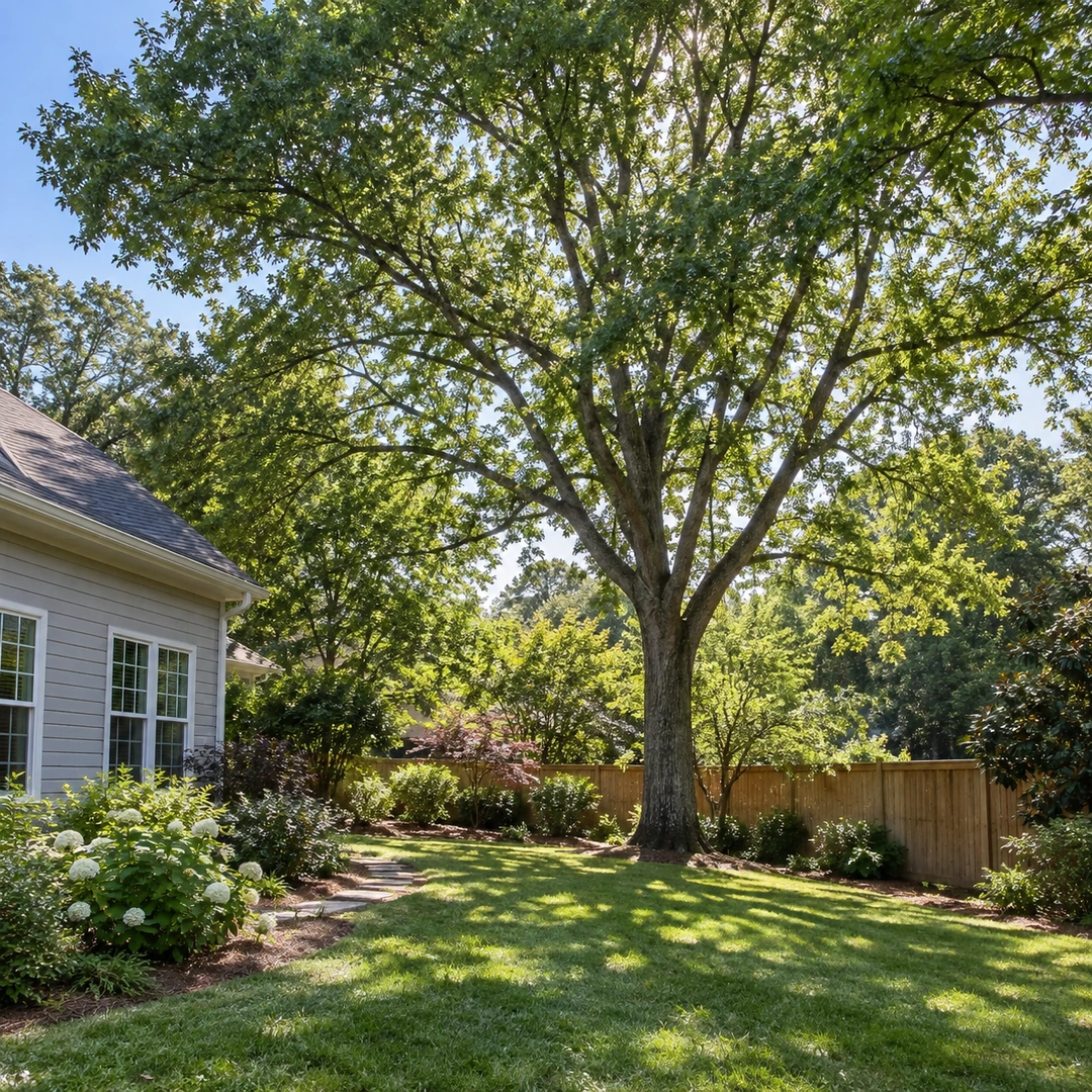 Healthy mature tree with a full balanced canopy over a backyard garden