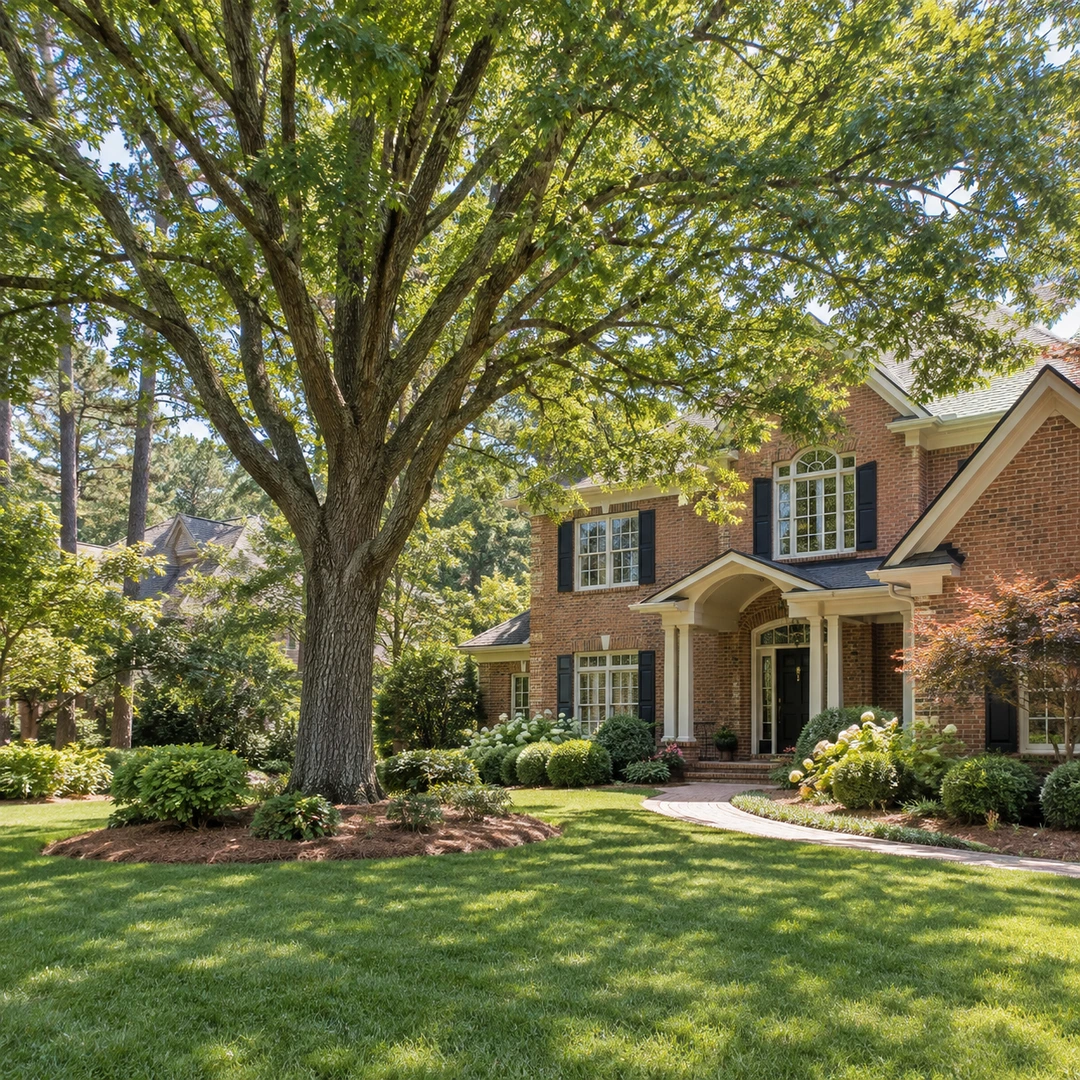 Large healthy shade tree with an open balanced canopy above a front lawn