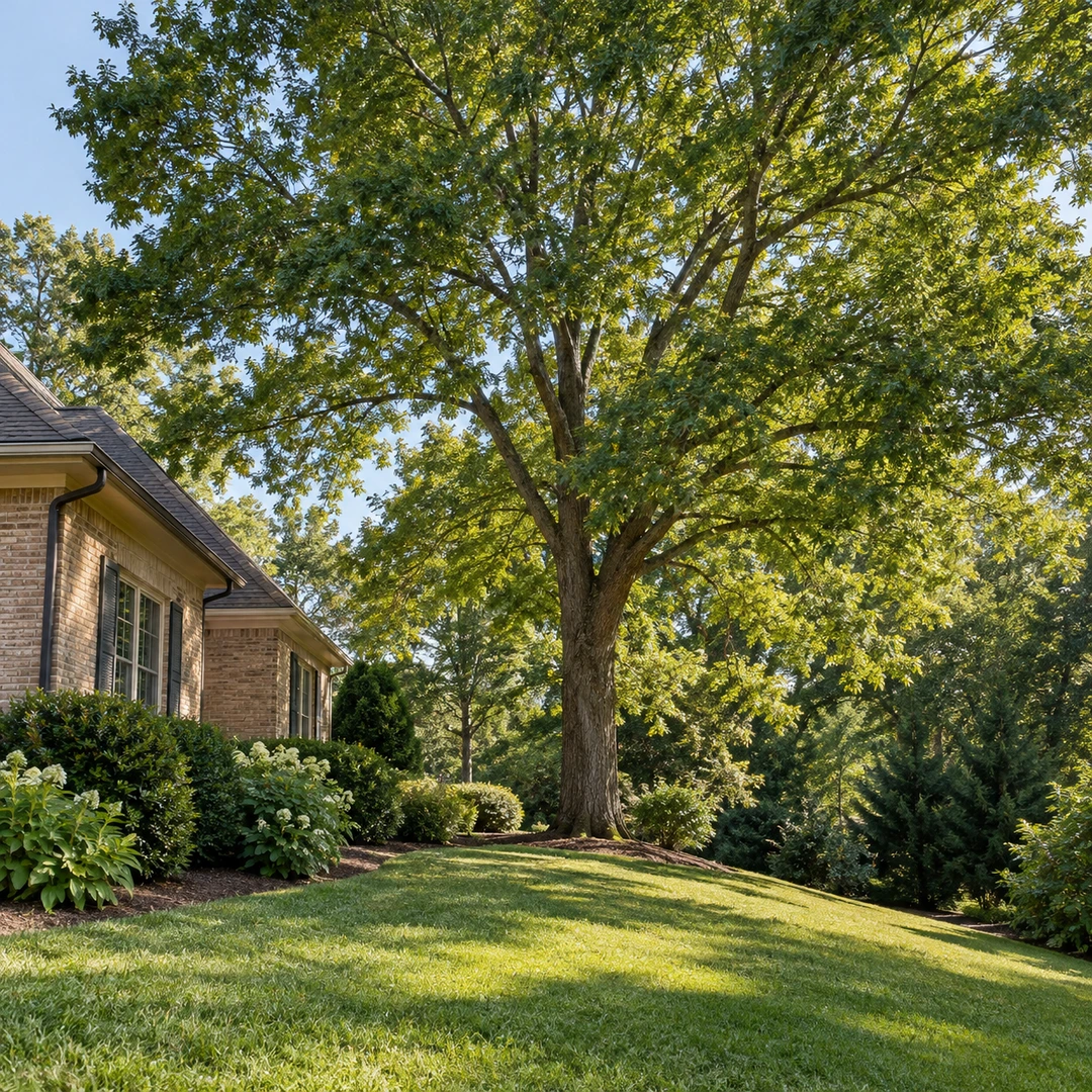 Healthy mature tree with a balanced canopy beside a sloping lawn