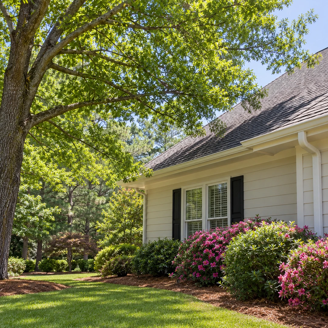 Healthy branches extending toward a residential roof with visible clearance