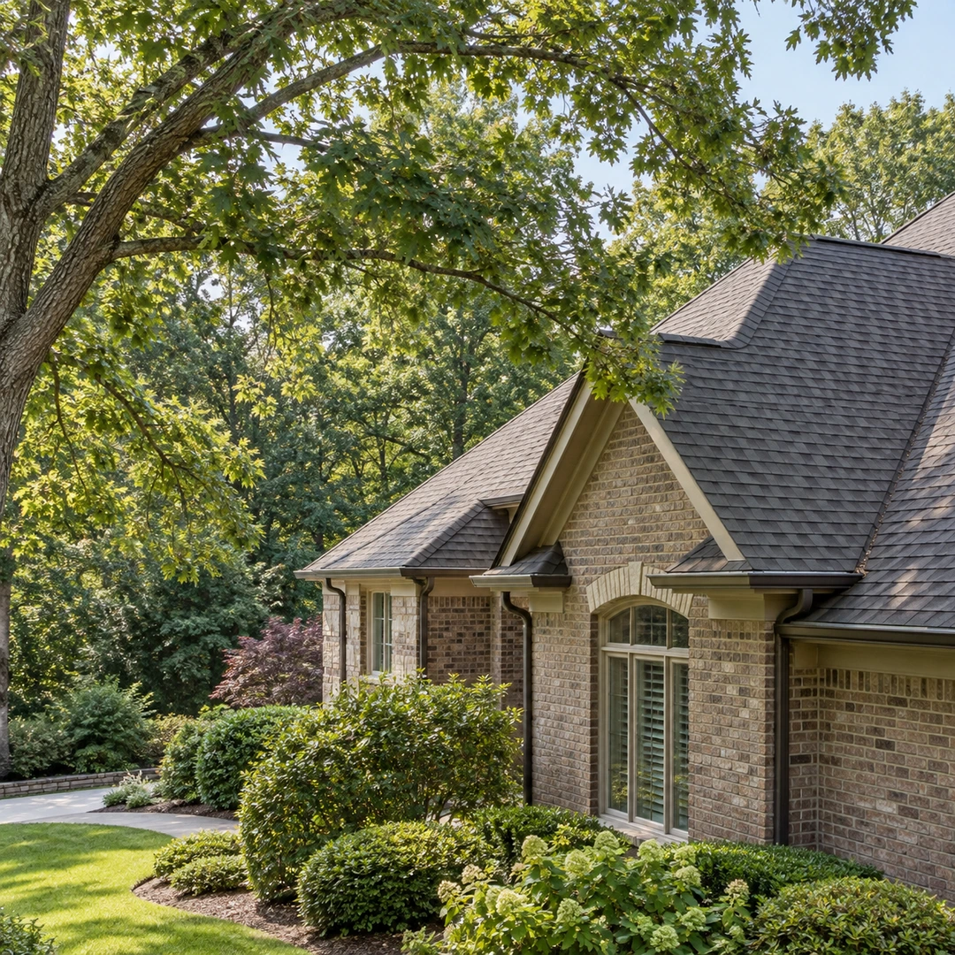 Mature tree beside a roofline with open space above the shingles