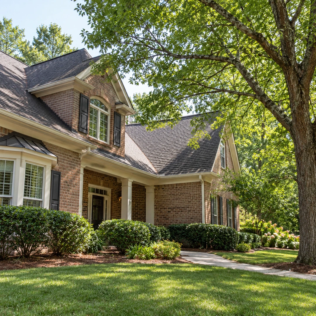 Healthy tree branches above a roof edge with visible maintenance clearance