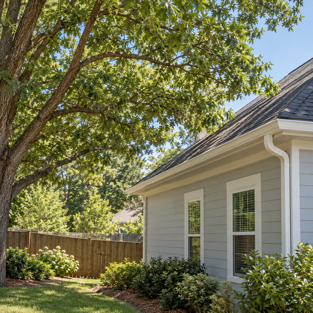 Tree canopy near a residential roof with clear separation from the building