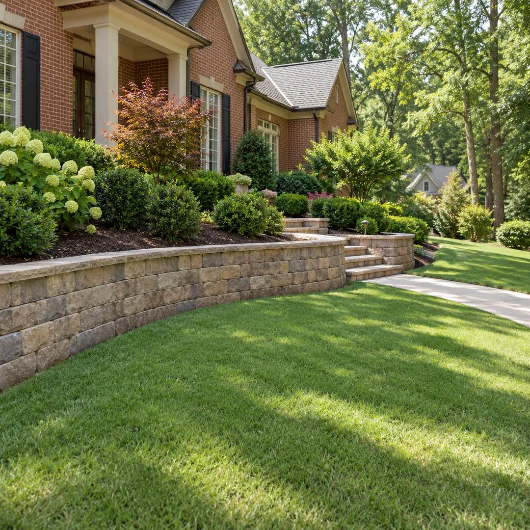 Low block retaining wall defining a landscaped front lawn