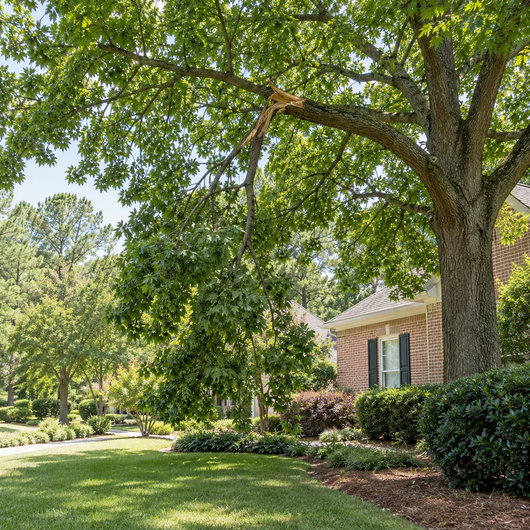 Broken limb hanging from a healthy shade tree near a landscaped yard
