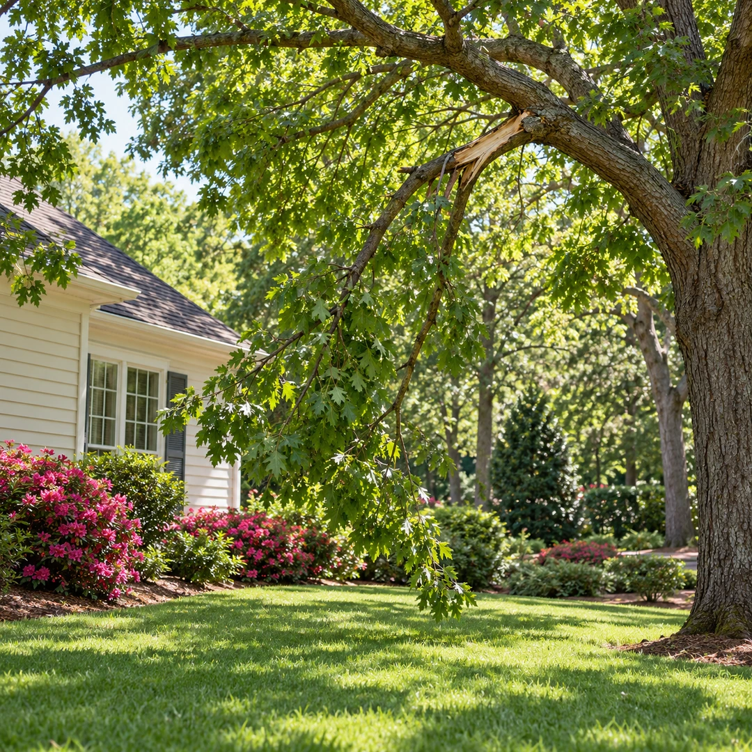 Cracked hanging branch within a healthy mature tree above a residential lawn