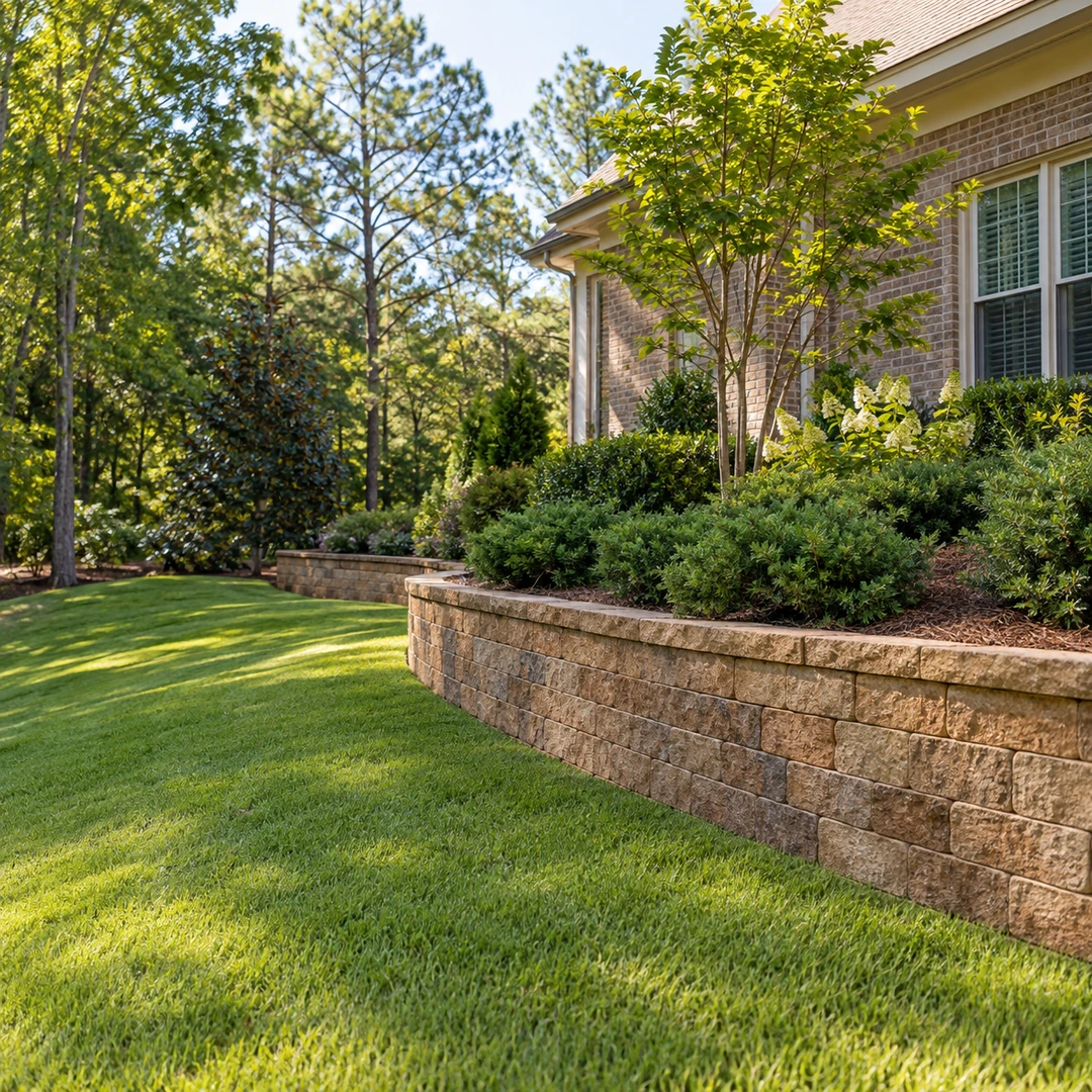 Modest landscape wall separating a garden bed from an open lawn