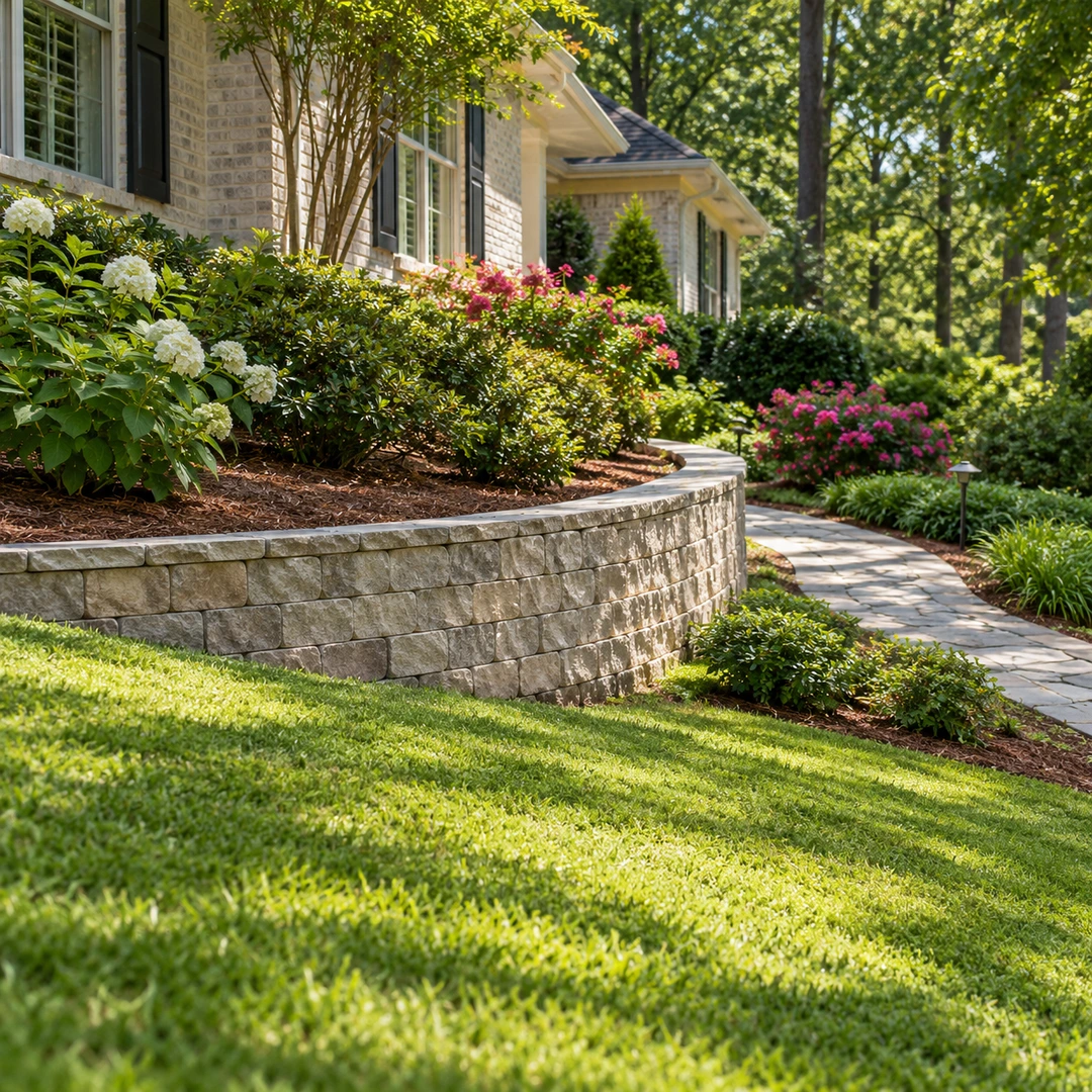 Curved stone retaining wall supporting a planted garden beside a walkway