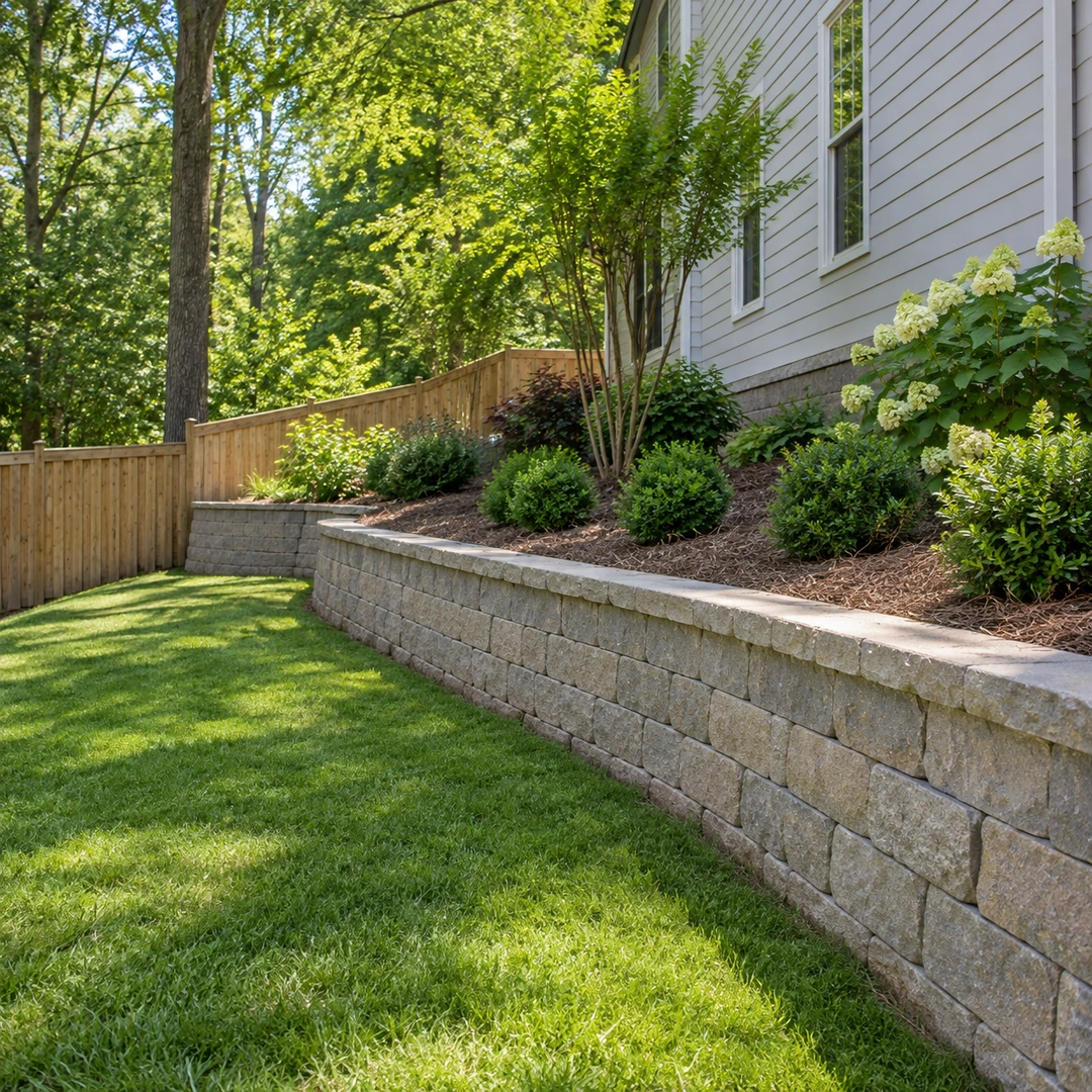 Curved block retaining wall following the grade of a residential lawn