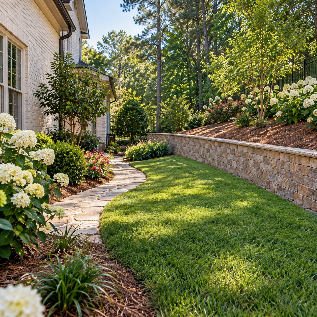 Modest stone wall holding a sloped garden above a residential lawn