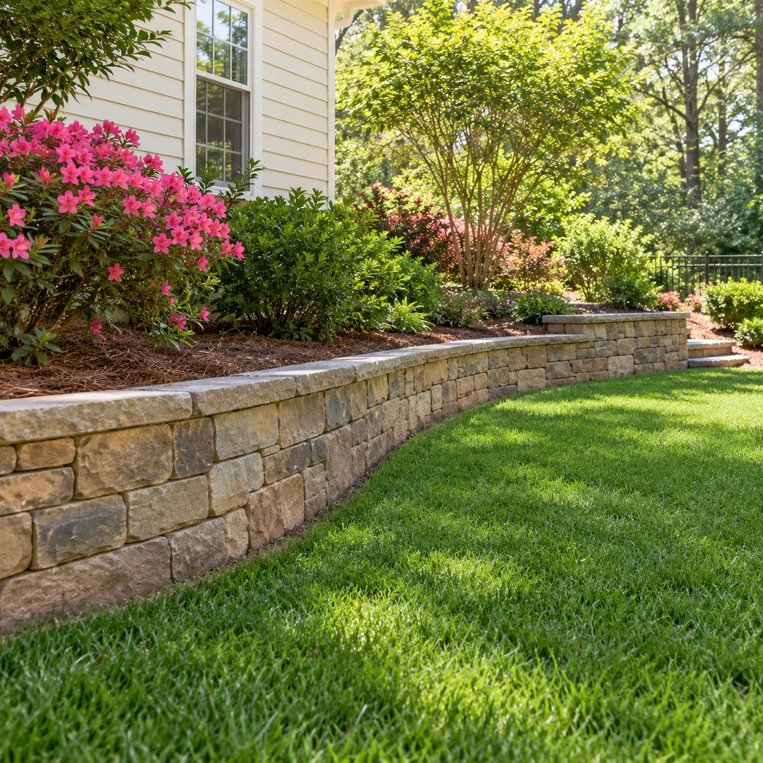Low stone retaining wall finishing a residential planting edge