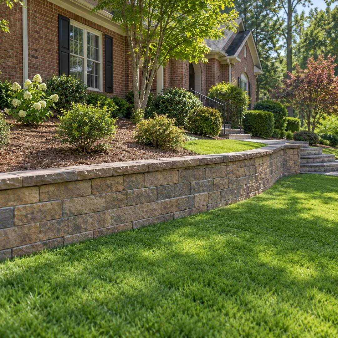 Level retaining wall supporting a planted slope beside open grass