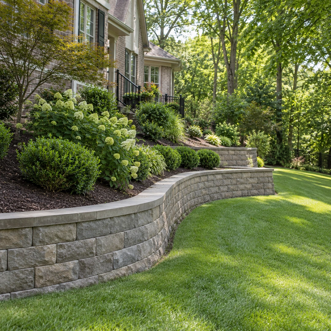 Short stone wall supporting a gently sloped landscaped yard