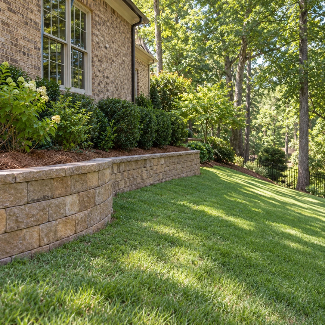 Low retaining wall supporting landscaped soil along a descending yard