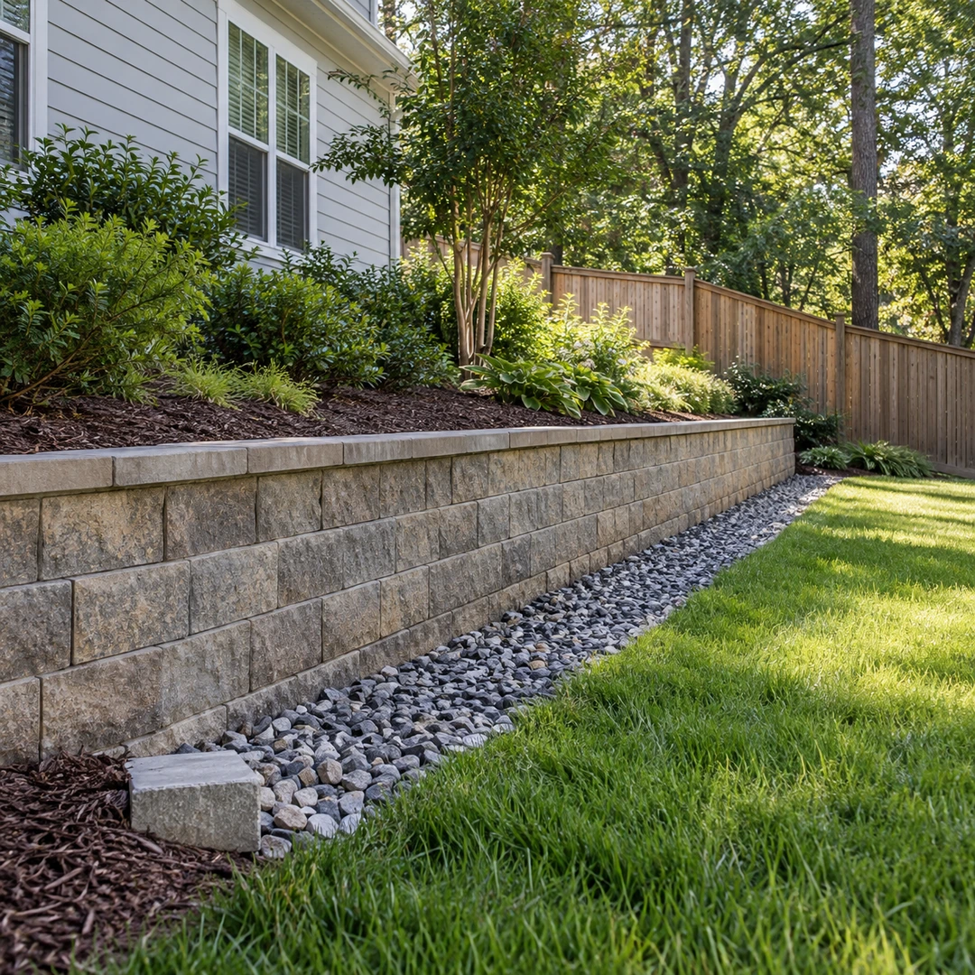 Gravel drainage strip carrying surface water beside a low retaining wall