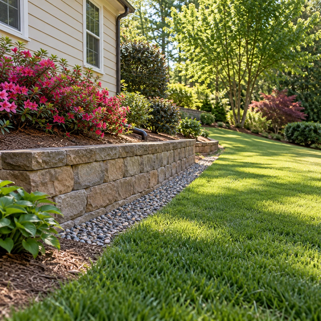 Gravel drainage channel along the base of a landscaped retaining wall