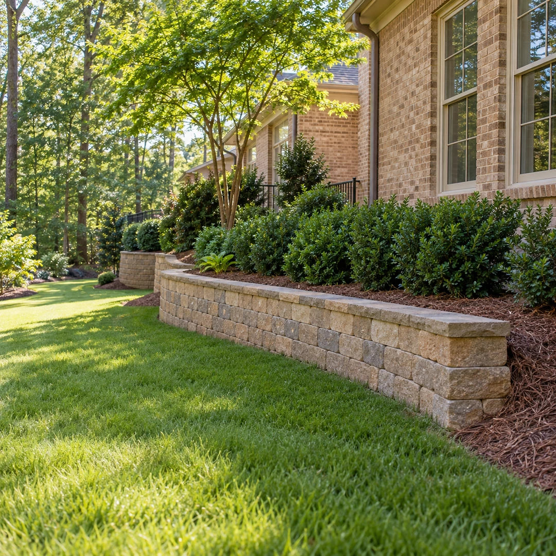 Modest retaining wall supporting a planted grade above a residential lawn